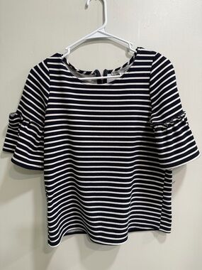 Green Envelope Navy and White Striped Ruffle Sleeve Top